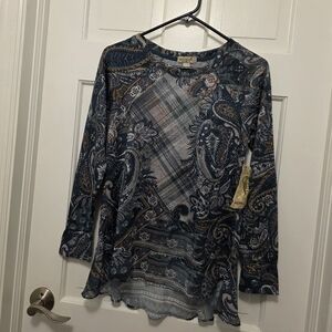 NWT One World Paisley/Floral Print Knit Top With Flounce Hem Size Small, Boho